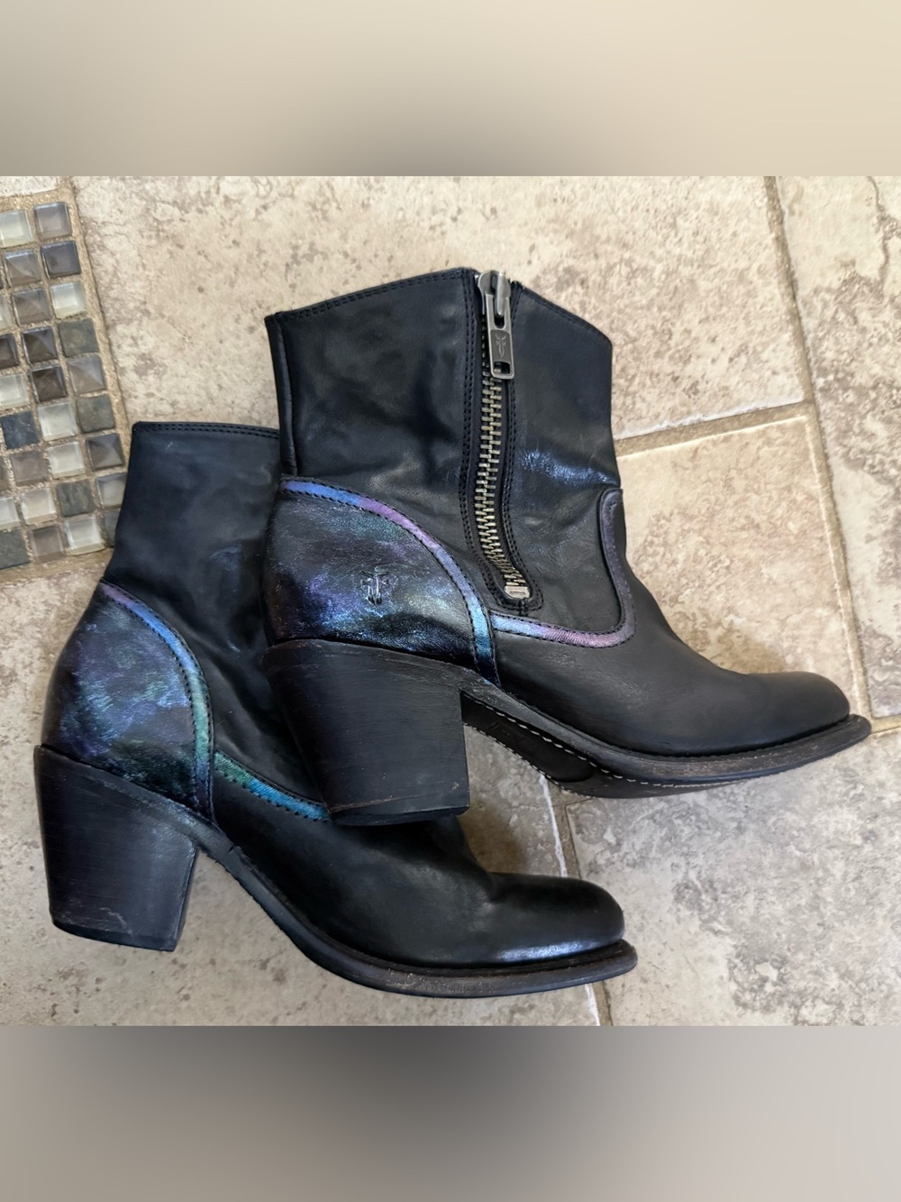 Rainbow iridescent trim Frye Women's Black Leather Ankle Boots